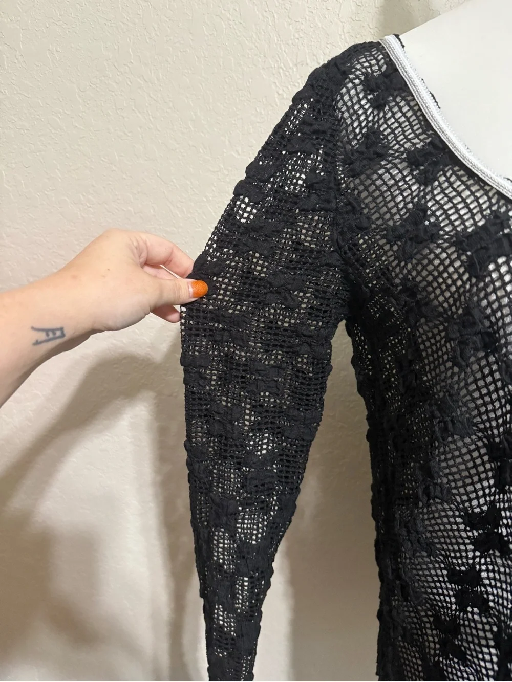 Free People Grady Black Crochet Open Back Long Sleeve Top ($98) - Oversized XS